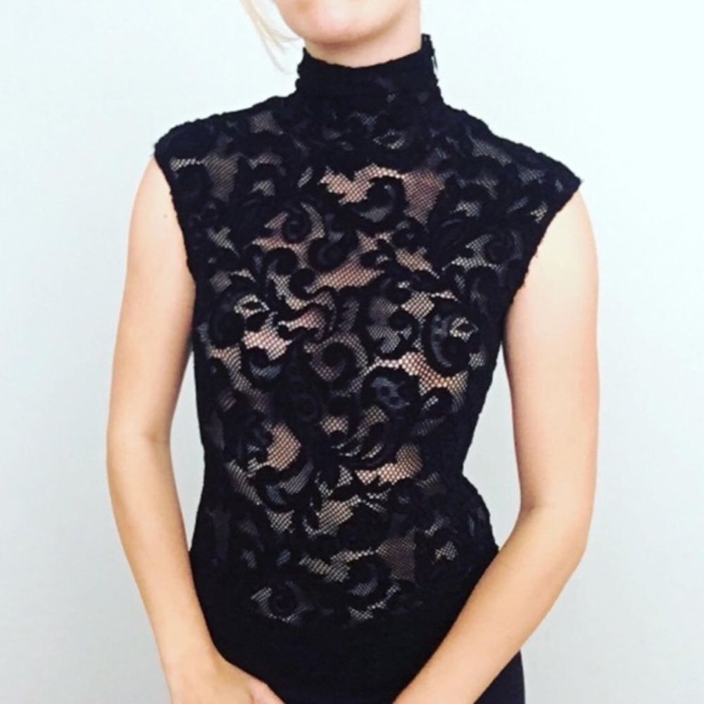 90s Black Lace Turtleneck Shirt XS S Small Womens Vintage